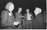 Alumnus Douglas Ross (1954) (left) chats with (left to right) President Vest, Ray Stata and architect Frank Gehry at the campaign kick-off Saturday afternoon.