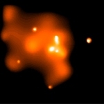 This Chandra X-ray image of the innermost 10 light years at the center of our galaxy has been smoothed to bring out the X-ray emission from an extended cloud of hot gas surrounding the supermassive black-hole candidate Sagittarius A* (white dot at the center of the image).