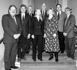Grouped on MacVicar Day are (front row, left to right) MacVicar Fellows Ernest G. Cravalho, Steven Pinker, Dava Newman, Jacquelyn C. Yanch and Rohan Abeyaratne (John Belcher was unable to attend). In the back row are Provost Robert A. Brown, President Charles M. Vest and Chancellor Lawrence S. Bacow.
