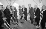 The Stata Center ground-breaking group included (left to right) Provost Robert A. Brown, senior lecturer Christopher J. Terman, donor J. William Poduska Sr., Corporation chairman Alexander V. d'Arbeloff, donors Maria Stata and Raymond Stata, President Charles M. Vest, donor Alexander Dreyfoos Jr. and Carolyn Dreyfoos.