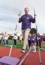 At one point in the Johnson Games, President Vest was caught defecting to The Tech Wild Turkeys team for "Wired," the tightrope walk. "Everyone knows being a university president is a balancing act," quipped MIT spokesperson Ken Campbell.