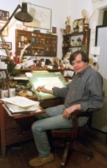 Calligrapher Tom Costello at the drawing board.