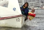 Madhulika Jain (left) and Alan Sun practice in their Flying Junior out on Boston Harbor.