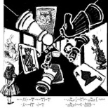 The poster advertising Tales from the Infinite Corridor was drawn by cast member Samantha Ellis with original "Alice" drawings by Sir John Tenniel