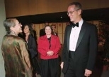 Evelyn Fox Keller, professor of history and philosophy in the Program for Science, Technology, and Society (left), speaks with President Vest and his wife, Rebecca Vest.