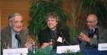 Left to right: MIT professors Noam          Chomsky and Steven Pinker, and Harvard professor Hilary          Putnam discussed the question, "What do we know about human          nature?" in a two-hour colloquium.