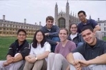The first MIT student participants in the MIT-University of Cambridge exchange program are (left to right) Linus Park, Gina Kim, Kevin Lang, Michelle Lefebvre, Kristin Clements, Jeremy Cheng and Liam Bossi, shown at Kings College, founded in 1441.