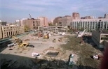 The space vacated by Building 20 for the future Stata Center, as seen from atop Building 26, is just one of several construction sites around campus.