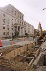 Digging up Amherst Street in front of Senior House, workers are getting ready to move utility lines as part of the Media Lab expansion.