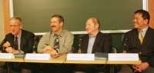 With President Charles M. Vest (far left) at last week's press conference to announce MIT's OpenCourseWare are (left to right) Professor Steve Lerman, director of the Center for Educational Computer Initiatives; Professor Harold Abelson of electrical engineering and computer science; and Professor Dick Yue, associate dean of engineering.