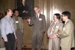 A reception was held yesterday at the President's House for newly tenured faculty members. Chatting with President Charles Vest (center) and his wife Rebecca Vest are (left to right) Seth Lloyd of mechanical engineering, Ram Sasisekharan of bioengineering and environmental health, and Hiroshi Ishii of media arts and sciences.