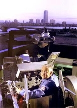 "Doc" Draper on the roof of Draper Laboratory in 1968, testing the Apollo celestial sightings.