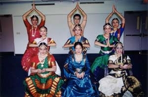 Natyanjali dancers in costume. Back row, left to right: Rasika Kumar, Prahladh Harsha and Pallabi Sanyal. Middle row, left to right: Sumati Ram-Mohan, Anindita Basu and Avantika Modi. Front row, left to right: Neelima Teerdhala, Alpana Waghmare and Sripriya Natarajan. Not pictured: Radha Kalluri and Rajul Shah.