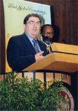 Nobel Peace Prize winner John Hume spoke in Kresge Auditorium Monday night as part of the Ford/MIT Nobel lecture series. Chancellor Phillip Clay (background) introduced Mr. Hume and solicited questions from the audience afterward. David Baltimore will speak in February as the next Nobel laureate in the series.