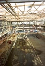 The Zesiger Sports and Fitness Center's new indoor swimming pool (left) and windows reflecting the back of the Stratton Student Center (right).