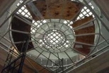 The skylight atop Lobby 7, as seen from the inside (left) before glass blocks were installed outside (right).