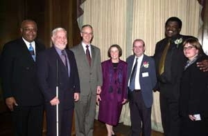 The seventh annual MIT President's Award for Community Service ceremony was held at the President's House last week. Left to right: Cambridge City Councilor Kenneth Reeves; Paul Parravano, co-director of the MIT Office of Government and Community Relations; President Charles M. Vest; Mrs. Rebecca Vest; award winner Jerry D. Burke, an MIT Information Systems retiree; award winner George Greenidge J...