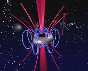 An artist's impression of the        hottest tango in the universe. The remnants of a star, now really a donut-shaped        ring or torus, spin around a rotating black hole in a sort of cosmic tango.        The black hole leads its passive torus-partner around, feeding it energy        through the many magnetic field lines entangling the two cosmic bodies like        entwined arms. The torus in t...