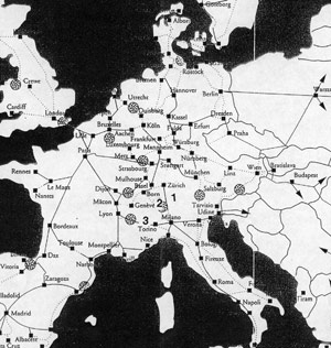 This map shows three of the railroads being tunneled through the Alpsï¿½ï¿½ï¿½ï¿½ï¿½ï¿½ï¿½ï¿½ï¿½#1 is the 57km Gotthard Tunnel, #2 is the 36km Loetschberg Tunnel and #3 is the 53km Maurienne-Ambin Tunnel.