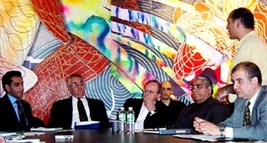 Haron Amin, Charge d'Affairs, Afghanistan Embassy Washington DC; Congressman Barney Frank; Dean William Mitchell, School of Architecture and Planning, MIT; Tawab Assifi, SAE member and former Minister of Mines and Industries), Afghanistan; Rafi Samizay, Professor of Architecture, Washington State University, former Dean of Department of Architecture, Kabul University. Standing: Najim Azadzoi, Head...