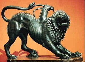 MIT researchers are synthesizing novel  stimuli which have the envelope of one sound and the fine structure of another  sound. They call these stimuli "auditory chimeras" by analogy with the  mythological beasts, which have the head of a lion, the body of a goat, and the  tail of a serpent. (Image: Chimera of Arezzo)