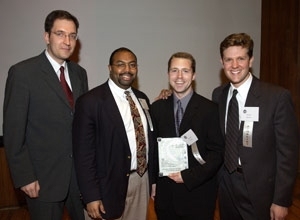 Ancora Pharmaceuticals won the MIT $50K Entrepreneurship Competition. Left to right: team members Professor Peter Seeberger of chemistry, Carmichael Roberts (M.B.A. 2000), Obadiah Plante (Ph.D. 2001) and Sloan graduate student Jeremy Bender bask in the glory of their win.