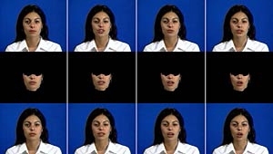 This image illustrates how MIT researchers artificially animate a human face. The top row is a real background sequence of Mary 101 recorded by the researchers. The middle row is an animation of the synthetic mouth generated in the lab. The bottom row shows the synthetic mouth animation superimposed on the background sequence.