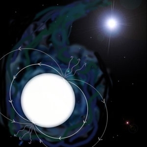 This artist's conception shows the strong magnetic fields running in loops from pole to pole. Radiation in the form of X-rays appears to pulse on and off as hot patches of gas are exposed at the poles with the neutron star's rotation. (The axis of rotation is different from the axis of the magnetic field.) The neutron star--more massive than the sun yet with a diameter of only 12-20 km--is extreme...