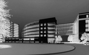 Architect Harry Ellenzweig's entry in the 1999 ideas competition to explore ways to fit a new Sloan building on a site at 70 Memorial Dr. Subsequently, it was decided to build the new Sloan building on another site, and the firm of Moore/Ruble/Yudell was engaged to do initial        planning work.