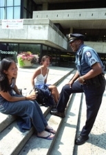 Sgt. Clarence Henniger chats with architecture sophomore Caroline Tien (left) and Julie Koo, a junior in aeronautics and astronautics, on the steps of the Stratton Student Center.Sgt. Clarence Henniger chats with architecture sophomore Caroline Tien (left) and Julie Koo, a junior in aeronautics and astronautics, on the steps of the Stratton Student Center.