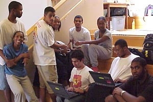 Participants in the 2002 RISE program. From left, standing: Chad Baker, Bethune-Cookman College; Jocelyn Hadrick, North Carolina Agricultural and Technical State University; Gustavo Alverio, University of Central Florida; Stacie Meadows, University of Michigan/Ann Arbor. Sitting in back: Carlos Espinal, CCNY; Sandra Dillahunt, Winston-Salem University. Sitting in front: Octavio Mesner, Borromeo Se...