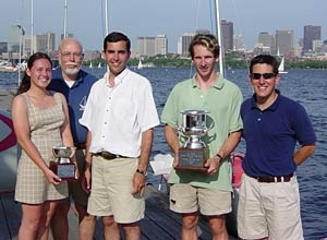 Left to right: Cristina Roussel, Thomas Spettel, Josh Migliazzo, Alex Mevay and Claudio Brasca with the trophies they won in the Corinthian 200 Race and the College Cup.