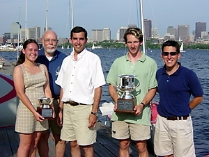 Left to right: Cristina Roussel, Thomas Spettel, Josh Migliazzo, Alex Mevay and Claudio Brasca with the trophies they won in the Corinthian 200 College Cup and the Beringer Bowl.