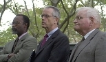Chancellor Phillip Clay (left), President Charles Vest (center) and President Emeritus Paul Gray listen to speakers and music at the MIT community gathering