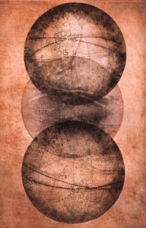 "Three Worlds" (2002), a 33-by-26-inch monoprint by Kathleen Cammarata.