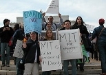 The MIT group followed the demonstration to the Mall in Washington, D.C. after arguments on the University of Michigan affirmative action case ended at the Supreme Court. Passing the message from the steps of the Lincoln Memorial are (foreground, left to right) junior Cassandra Rodriquez, senior Nancy Ramirez and Daniel Cabrera, (S.B. 2001).