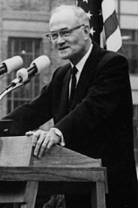 Cecil Green speaking at the dedication of the Green Building in 1964.