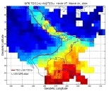 Analysis of GPS navigation signals monitored at over 120 sites provides a snapshot of ionospheric total electron content (TEC) over North America during a major geomagnetic disturbance. A large scale plume of storm enhanced density (SED) spans the continent from a source region in the eastern US. The bold red contour marking TEC > 50 units outlines the low-altitude footprint of the TEC plume. T...