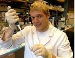 MIT undergraduate Geoffrey von Maltzahn, below, has explored a material, or peptide, that could self-assemble into structures like tiny spheres or tubes. Above: (A) molecular model of one such peptide; (B) cut-away model of a nanotube formed from the peptide, and (C) an actual image of a structure formed by the peptide. In (B), blue corresponds to the peptides' positively charged heads; green, the...