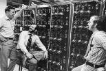 The MIT-EPSEL model power system, also known as the Transmission System Simulator, was used to study power-system dynamics and control. Left to right: professors Gerald Wilson, John Kassakian and James Kirtley, circa 1968.