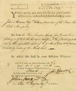 One of the 22 bounty warrants returned from the MIT Museum to the Commonwealth of Massachusetts. This one is dated 1791 and is a receipt for sail cloth.