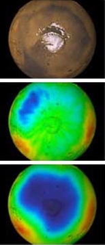 NASA's Mars Odyssey detected water ice in the northern hemisphere. During the winter months, the icy soil is covered by a thick layer of carbon dioxide ("dry ice") frost obscuring the water ice signature.