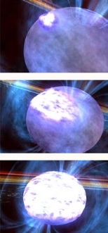 Material accumulating on the pulsar surface can sometimes ignite, causing thermonuclear flashes that emit bursts of X-ray light. These thermonuclear flames spread across the surface of the pulsar in a few seconds. The team established that "burst oscillations", a kind of flickering, during these X-ray bursts provide a direct measure of the pulsar's spin rate.