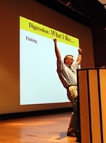 Edwin L. Thomas (above), professor of materials science and director of the Institute for Soldier Nanotechnology, interspersed a little personal with the academic and professional in his talk, and won over the audience of incoming freshmen (below) in the process.