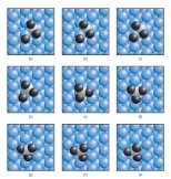 Based on quantum mechanical calculations, MIT researchers have developed this series of pictures showing how sulfur dioxide on a platinum catalyst converts to sulfur trioxide--a compound that poisons advanced catalytic converters for new fuel-efficient engines. Platinum atoms of the catalyst's surface appear as blue spheres, oxygen atoms are black and the sulfur atom is white. In successive pictur...