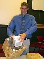 Kevin Sheridan of Lexington High explains his research on how recycled materials can be used for housing insulation.