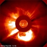 One of the largest solar flares ever observed by the Solar &amp; Heliospheric Observatory set off a strong high energy proton event and a fast-moving coronal mass ejection that hit Earth early on the 29th of October. MIT's Haystack Observatory atmospheric scientists utilized an array of detectors to track changes to Earth's ionosphere as a result of this ejection