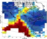 The redistribution of ionospheric plasma is apparent in this map of total electron content (TEC), which is displayed here on a linear scale from blue to red, over a range of 0 - 200 TEC units. During normal periods, the values of TEC over the United States are about 30 TEC units. The major geomagnetic disturbance on October 30, 2003 produced a dramatic space weather storm front which spanned the c...