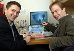 Professor Gerbrand Ceder (left) and research associate Dane Morgan, both of the Department of Materials Science and Engineering, mine for materials with computers.