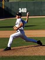 Jason Szuminski (S.B. 2000) unleashes one of his 94 mph fastballs while pitching in the minor leagues.